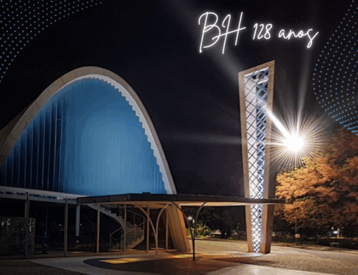 Imagem do complexo arquitetônico BH 128 anos, destaque para estrutura moderna com iluminação noturna e detalhes em LED, celebrando 128 anos de história.